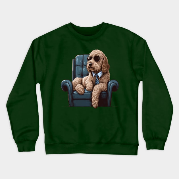 Cool Golden Doodle Stock Trader Sitting on a Lounge Chair Crewneck Sweatshirt by Bee's Pickled Art